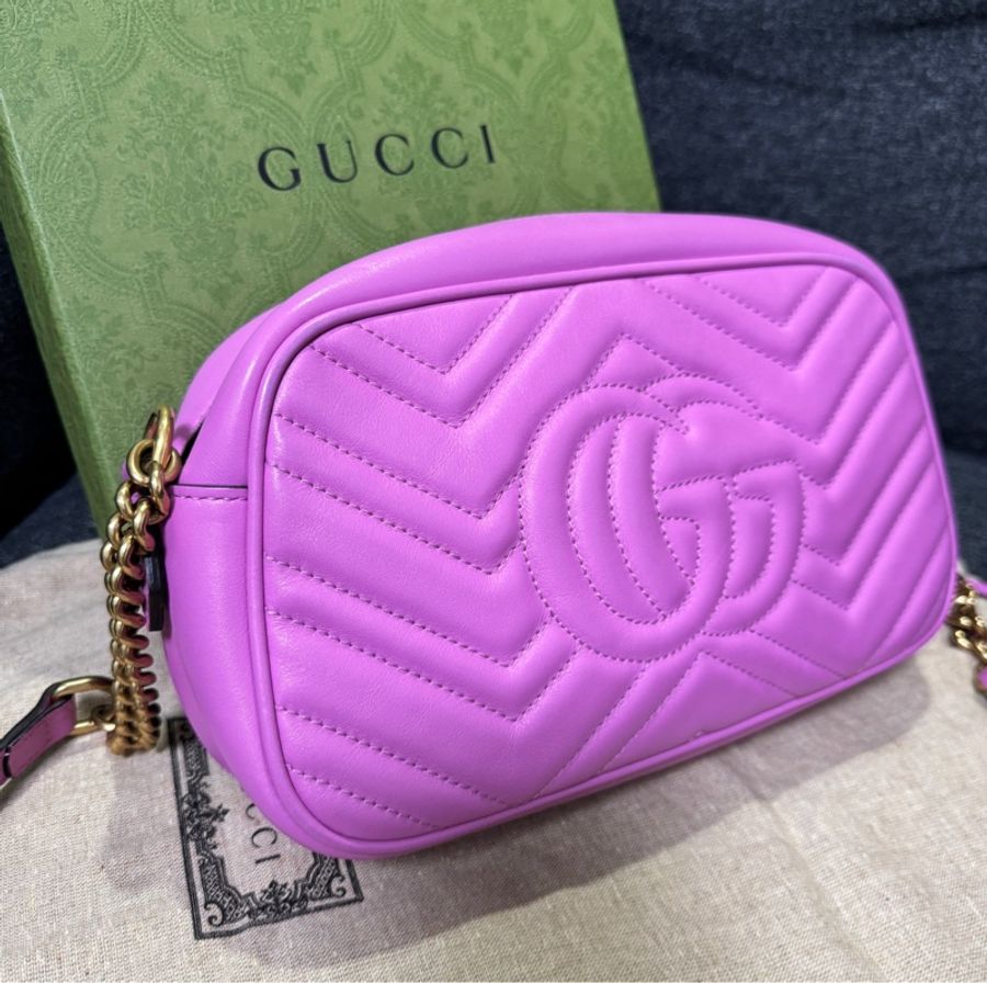 Gucci 專櫃正品 447632 馬卡龍紫 金釦 GG Marmont 中號 相機包斜背包 紫色 小方包-1