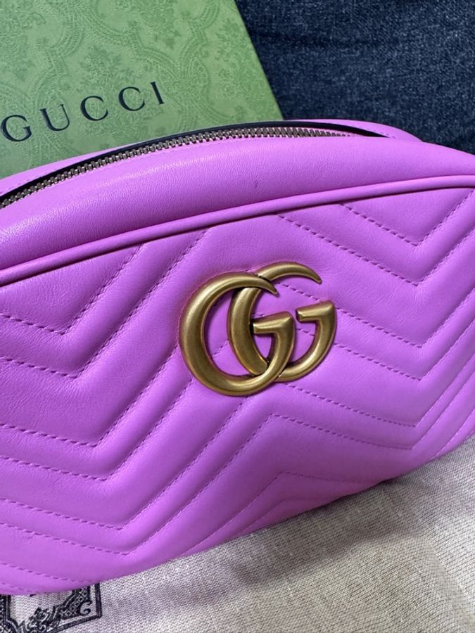 Gucci 專櫃正品 447632 馬卡龍紫 金釦 GG Marmont 中號 相機包斜背包 紫色 小方包-2