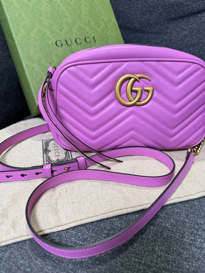Gucci 專櫃正品 447632 馬卡龍紫 金釦 GG Marmont 中號 相機包斜背包 紫色 小方包-3