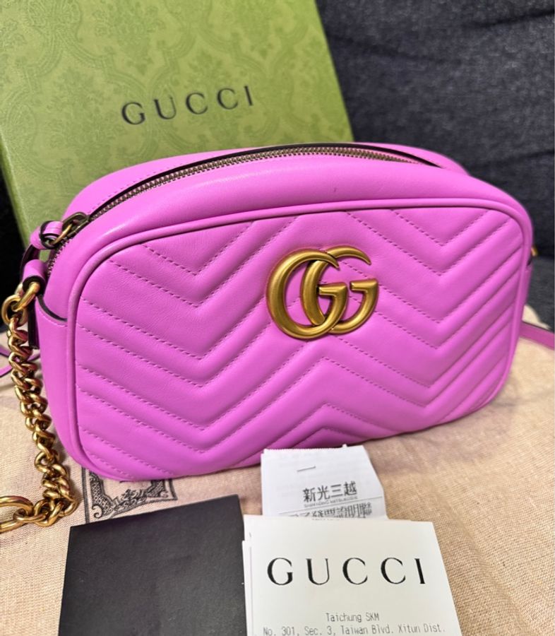Gucci 專櫃正品 447632 馬卡龍紫 金釦 GG Marmont 中號 相機包斜背包 紫色 小方包-5