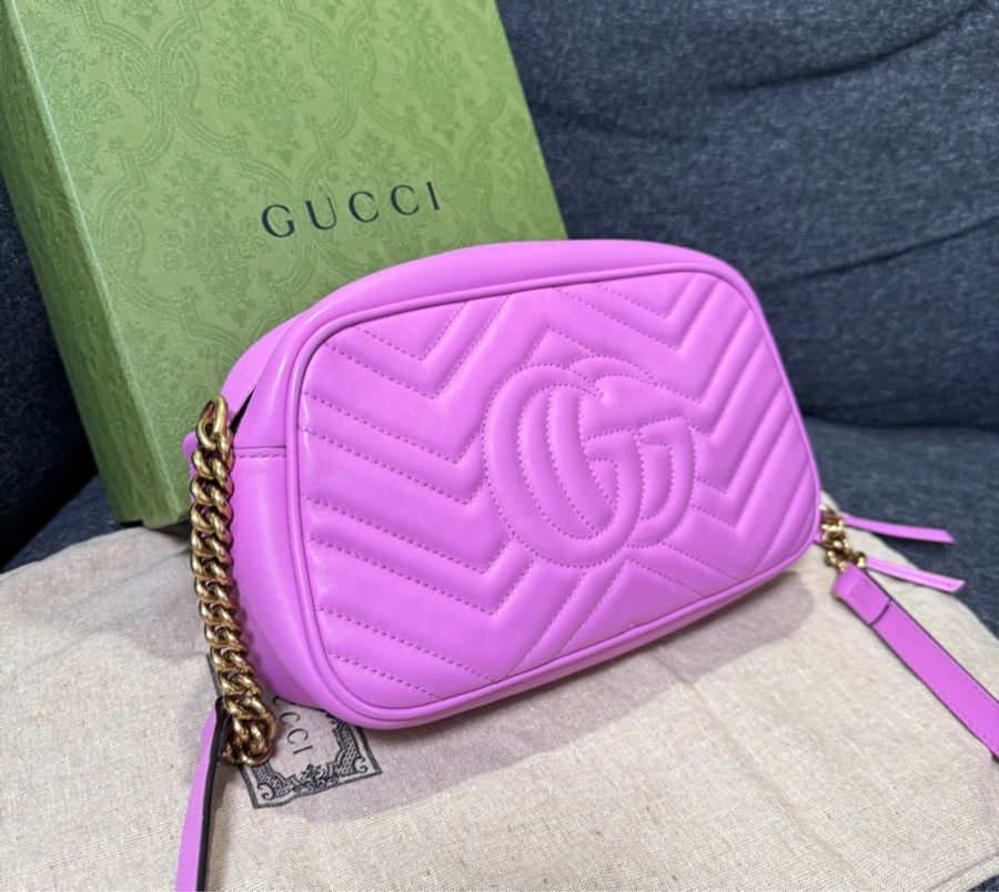 Gucci 專櫃正品 447632 馬卡龍紫 金釦 GG Marmont 中號 相機包斜背包 紫色 小方包-7
