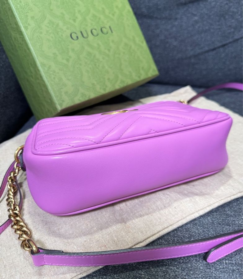 Gucci 專櫃正品 447632 馬卡龍紫 金釦 GG Marmont 中號 相機包斜背包 紫色 小方包-13