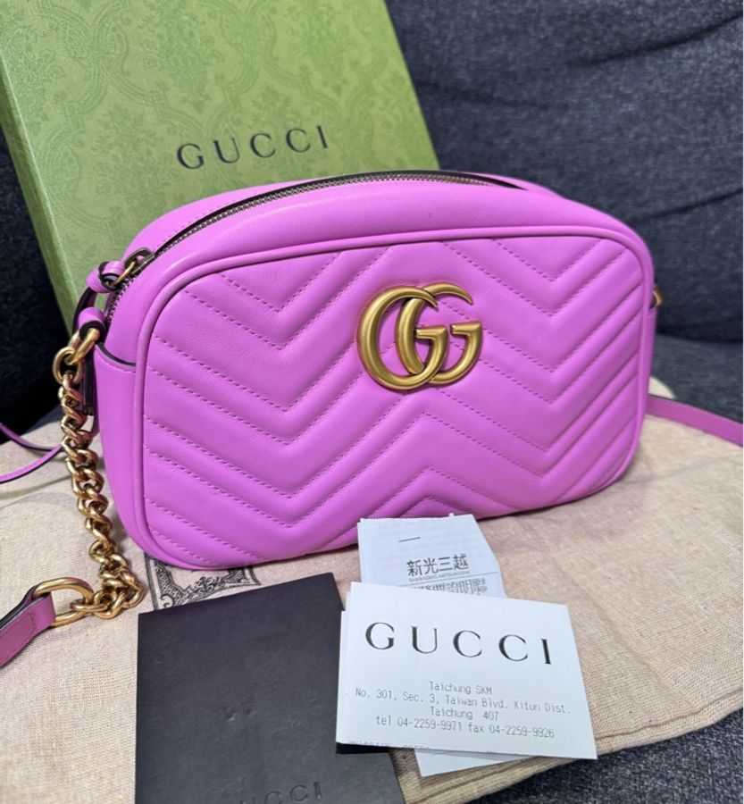 Gucci 專櫃正品 447632 馬卡龍紫 金釦 GG Marmont 中號 相機包斜背包 紫色 小方包-18