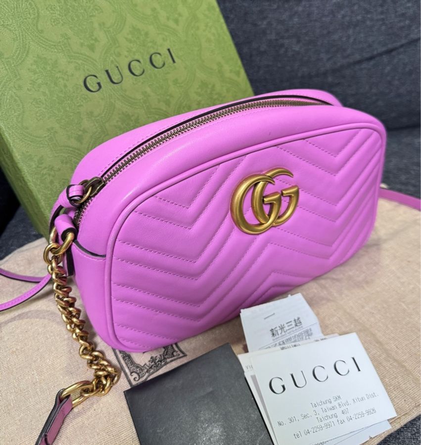 Gucci 專櫃正品 447632 馬卡龍紫 金釦 GG Marmont 中號 相機包斜背包 紫色 小方包-19