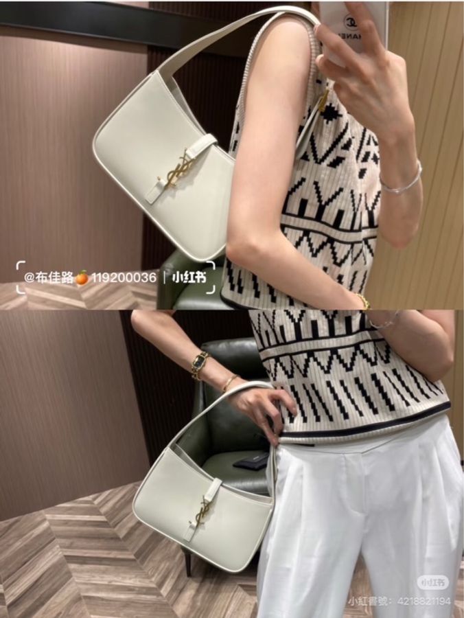 YSL Le 5 A 7 IN SMOOTH LEATHER hobo 腋下包 白色復古金扣-5