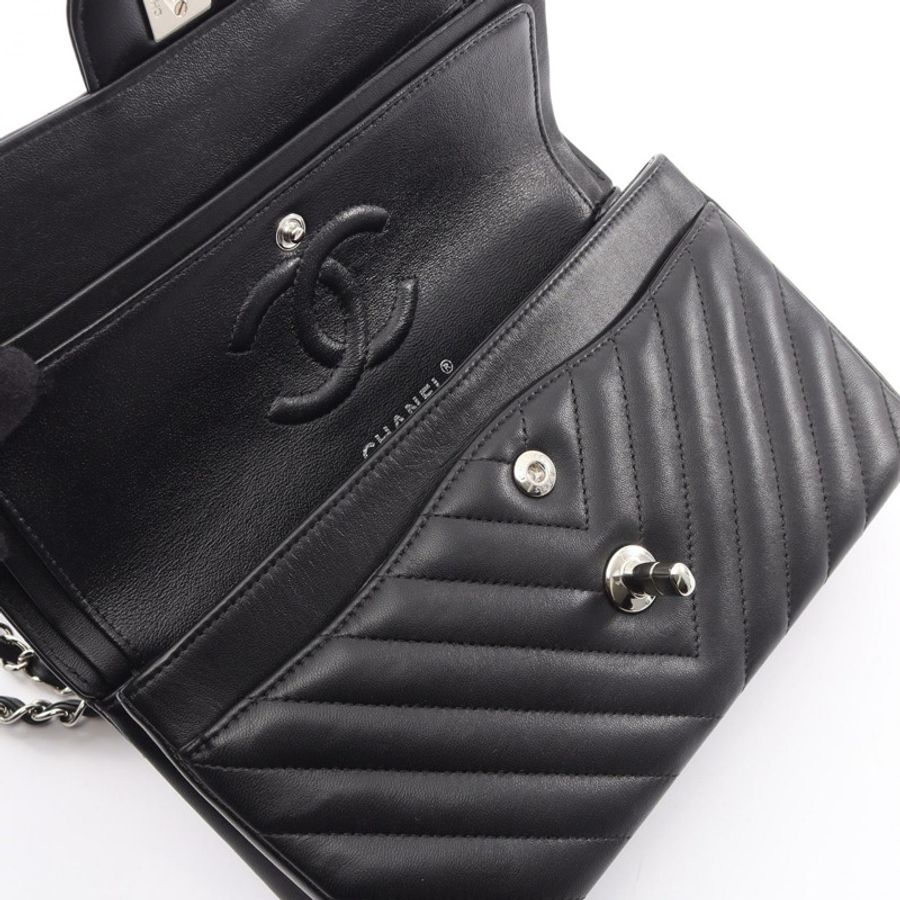 香奈兒 (CHANEL) 羊皮 (Lambskin) 黑色 V 字縫線單肩包,二手女款-5