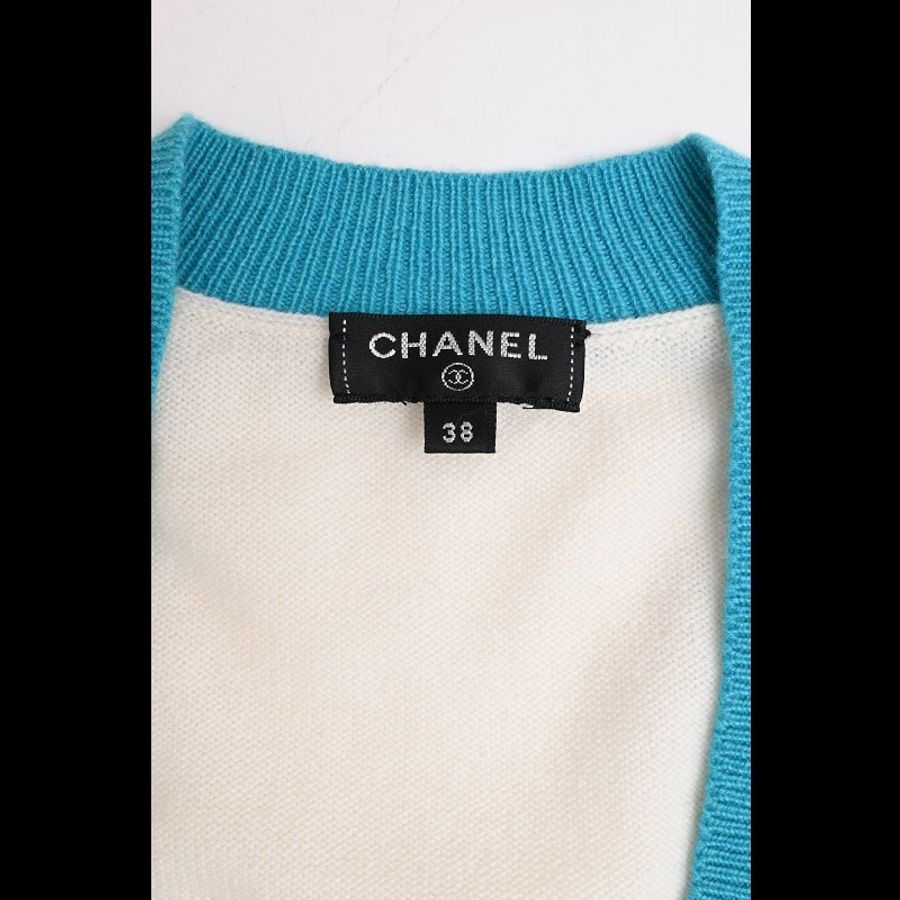 Chanel 19年沙滩系列蓝白滚边山羊绒针织V领套头毛衣外套-7