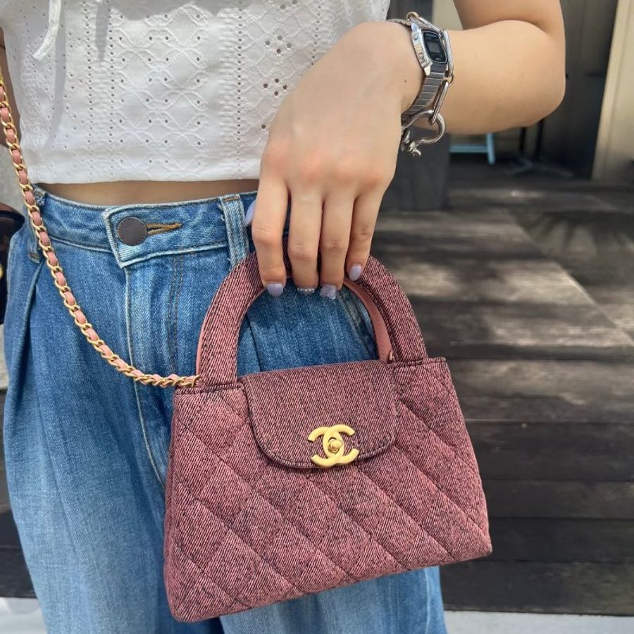 chanel 迷你kelly系列丹寧牛仔粉 芯片款12*4*8 98新配件塵袋 購證-1