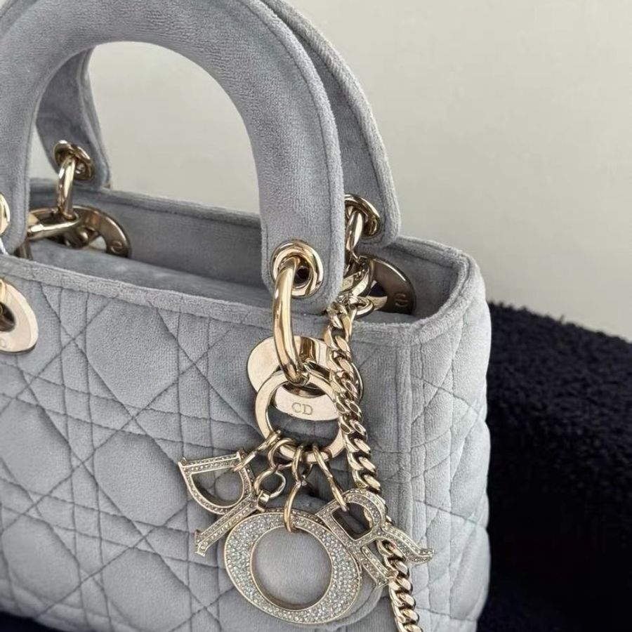 Dior 水鑽 灰金 三格 絲絨黛妃17*15.5cm 99新配件肩帶 保卡-4