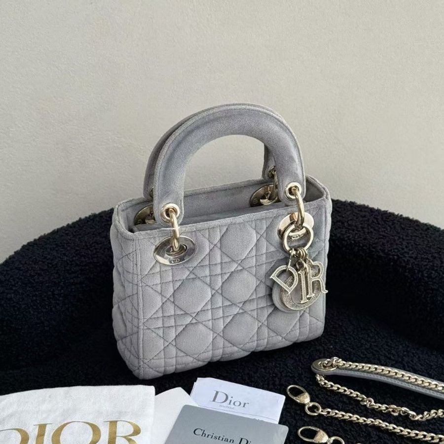 Dior 水鑽 灰金 三格 絲絨黛妃17*15.5cm 99新配件肩帶 保卡-5
