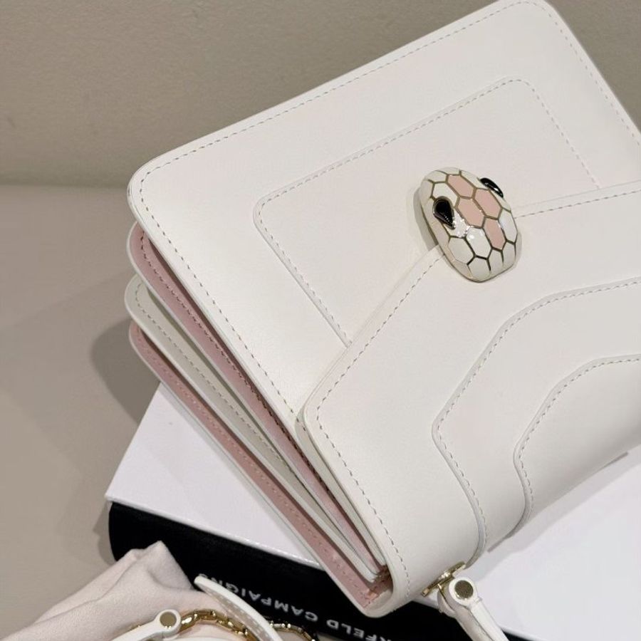 Bvlgari mye粉白蛇頭 牛皮 風琴包18*9*16cm 99新配件塵袋 肩帶 鏡子-7