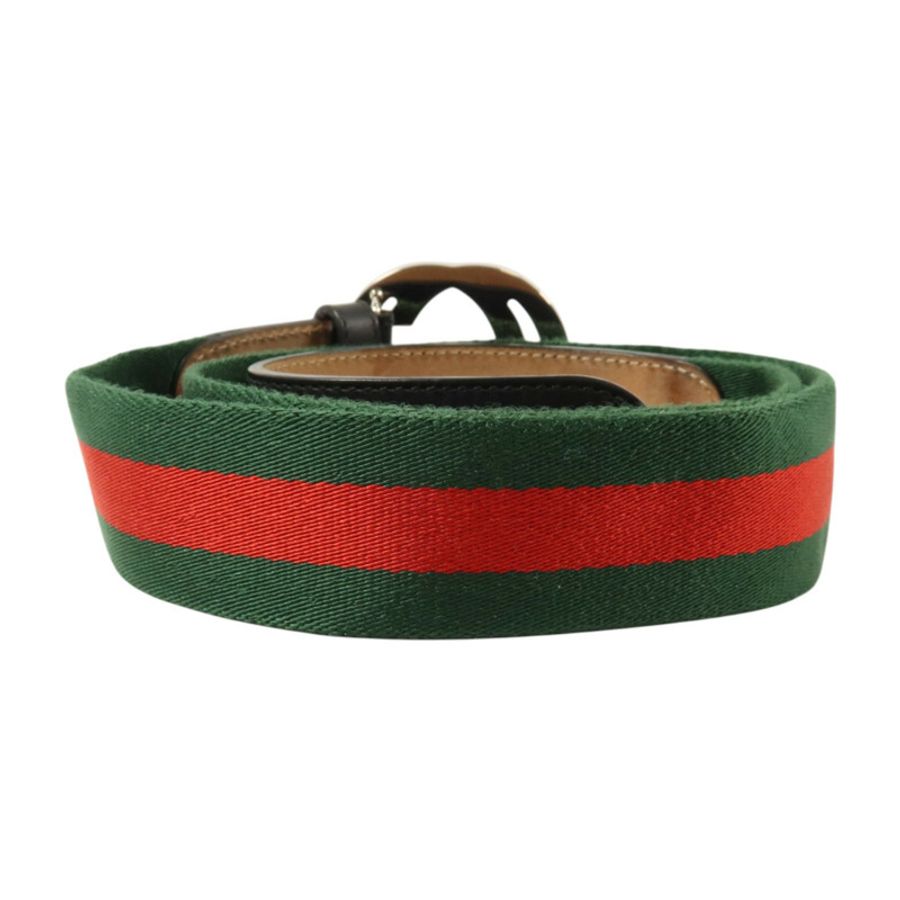 GUCCI 牛皮皮革/帆布GG Buckle Belt 90cm銀扣皮帶-1