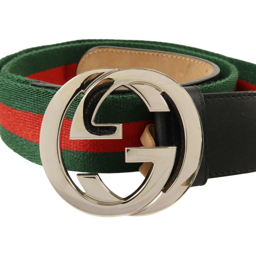 GUCCI 牛皮皮革/帆布GG Buckle Belt 90cm銀扣皮帶-2