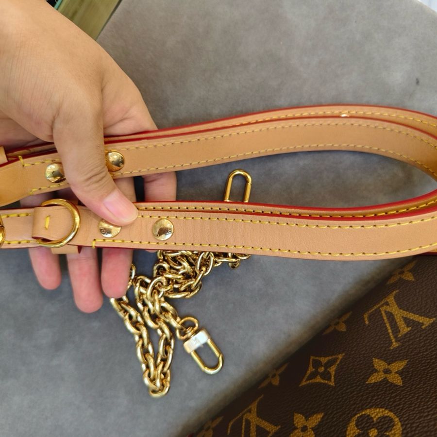 路易威登/Louis Vuitton Boulogne經典老花 塗層帆布拼牛皮革飾邊 黃牛角 鏈條包腋下包斜挎單肩包 棕色 金扣 芯片款-8