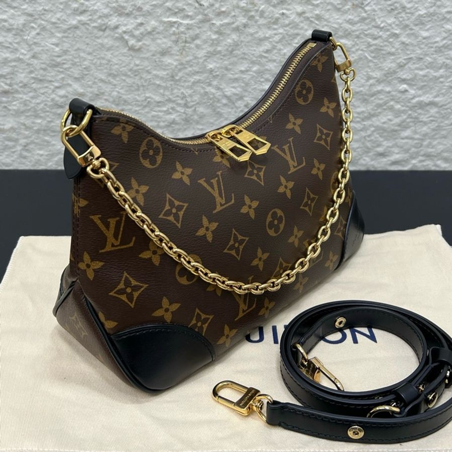 路易威登/Louis Vuitton Boulogne 黑牛角包鏈條包單肩包腋下包斜挎包 老花塗層帆布 金扣-2