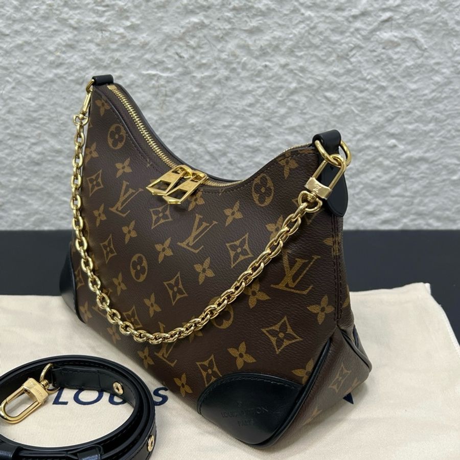 路易威登/Louis Vuitton Boulogne 黑牛角包鏈條包單肩包腋下包斜挎包 老花塗層帆布 金扣-3