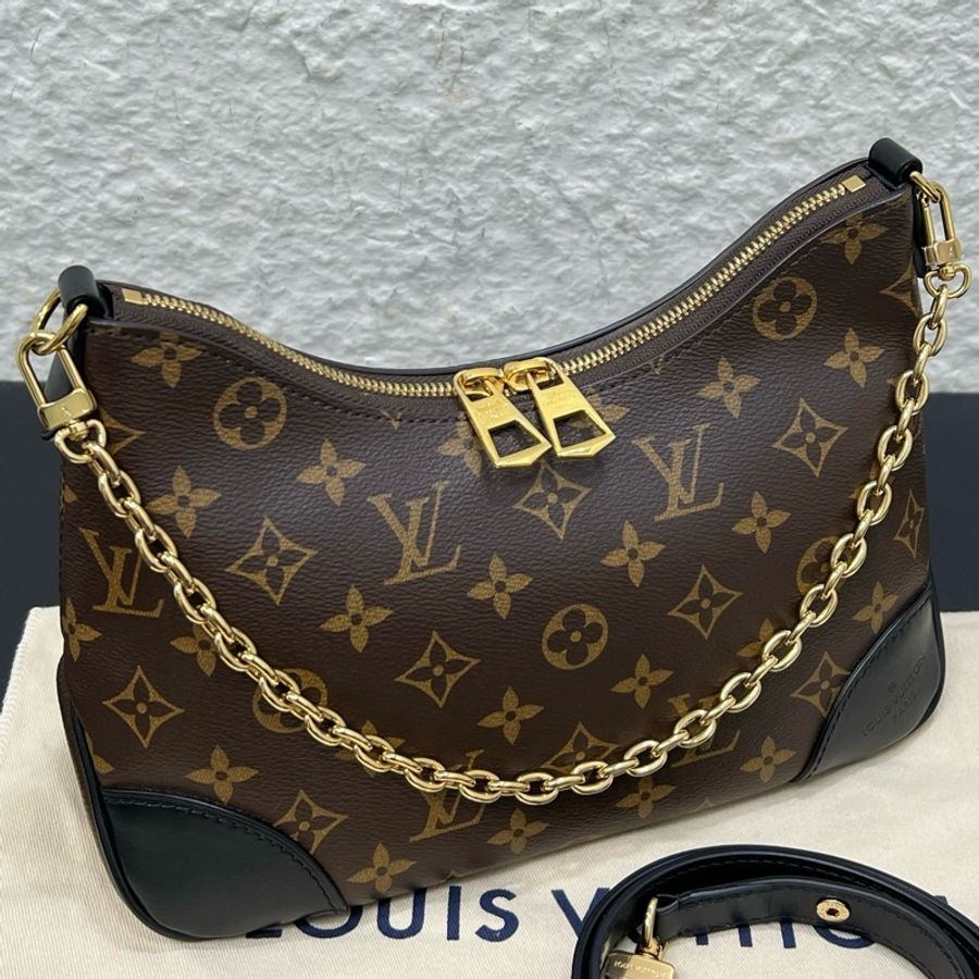 路易威登/Louis Vuitton Boulogne 黑牛角包鏈條包單肩包腋下包斜挎包 老花塗層帆布 金扣-5