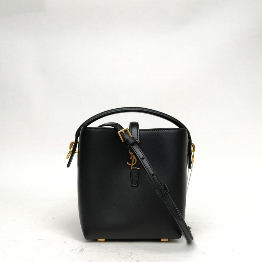 SAINT LAURENT LE37LOGO鉤扣手提單肩水桶包黑色牛皮金扣肩背包-0