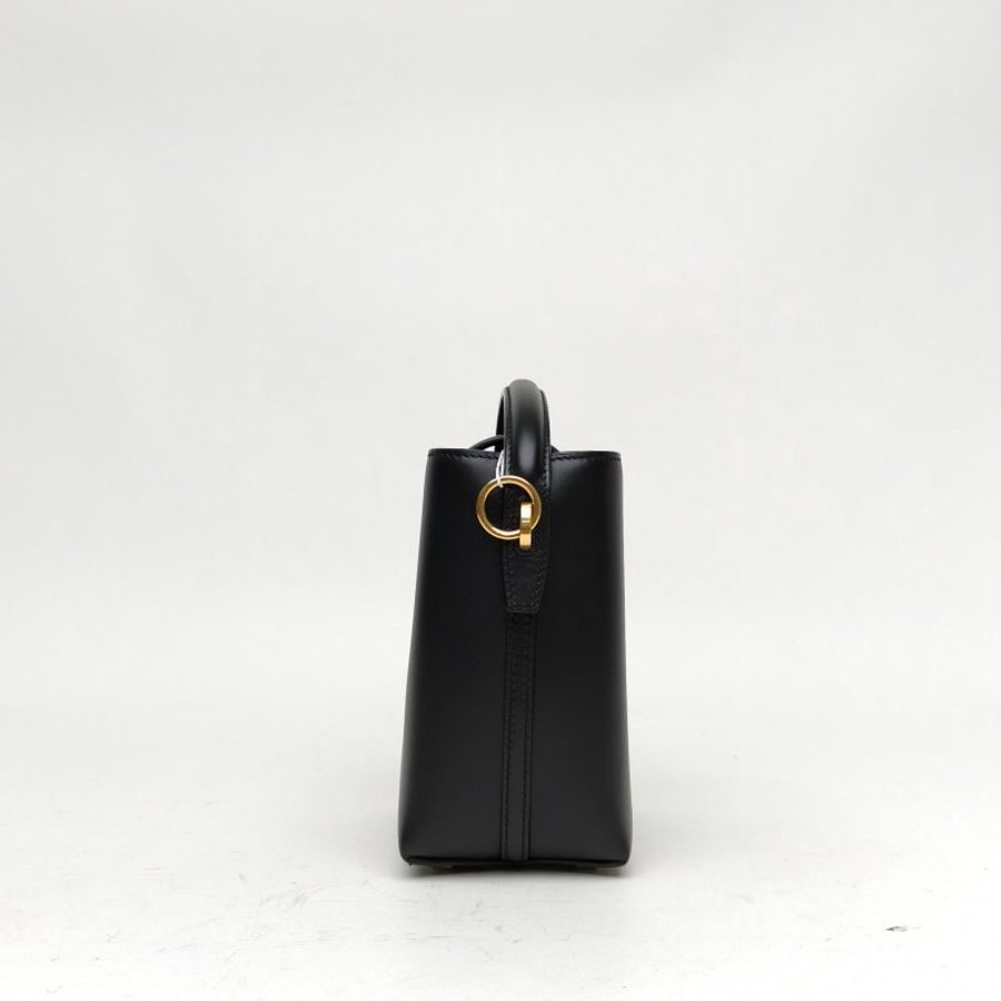 SAINT LAURENT LE37LOGO鉤扣手提單肩水桶包黑色牛皮金扣肩背包-1
