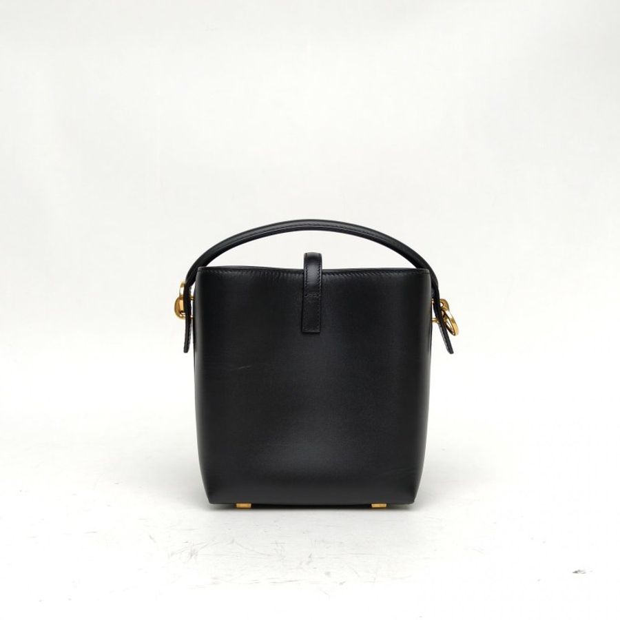 SAINT LAURENT LE37LOGO鉤扣手提單肩水桶包黑色牛皮金扣肩背包-2