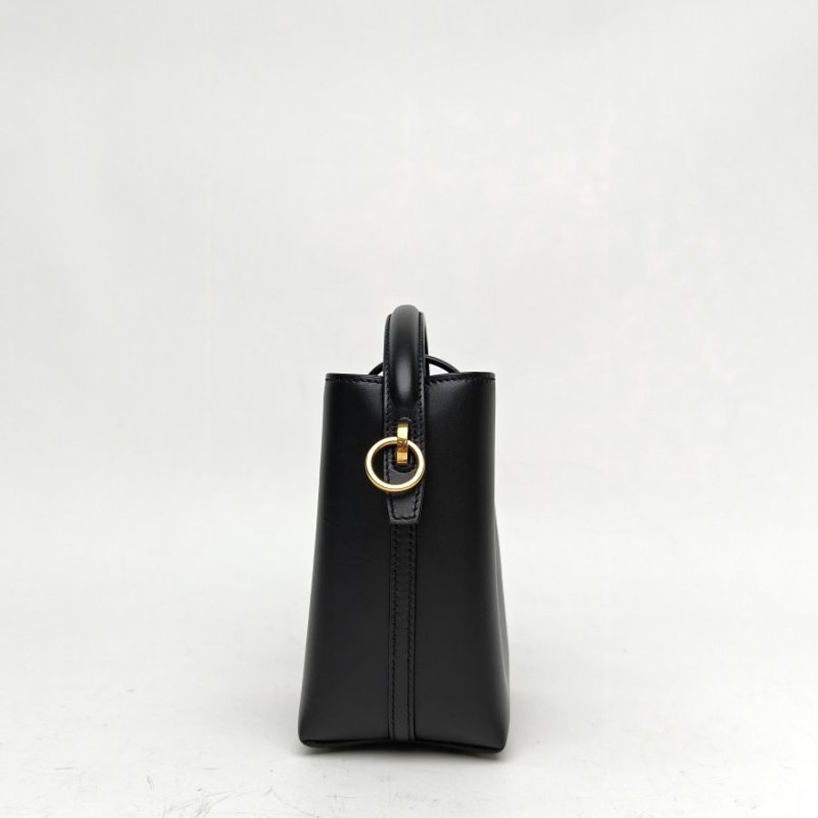 SAINT LAURENT LE37LOGO鉤扣手提單肩水桶包黑色牛皮金扣肩背包-3