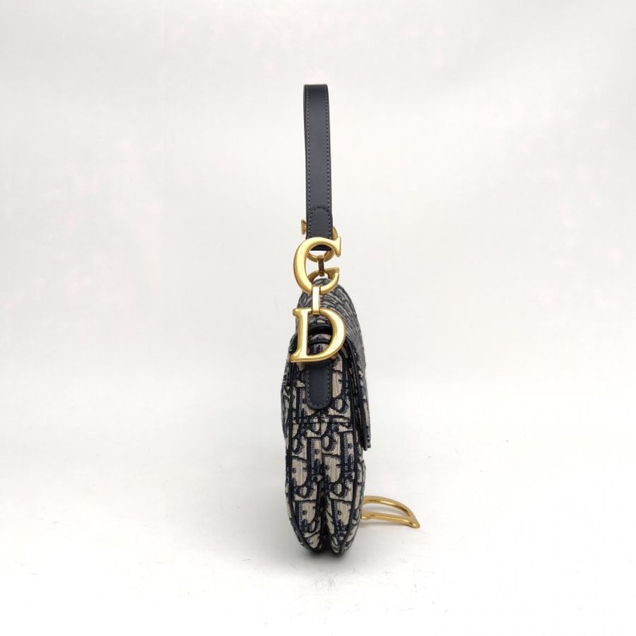 DIOR SADDLE馬鞍中號藍色帆布金扣Oblique印花肩背包-3