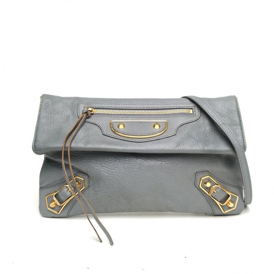 BALENCIAGA CLASSICENVELOPE口蓋機車包灰色牛皮肩背包-0