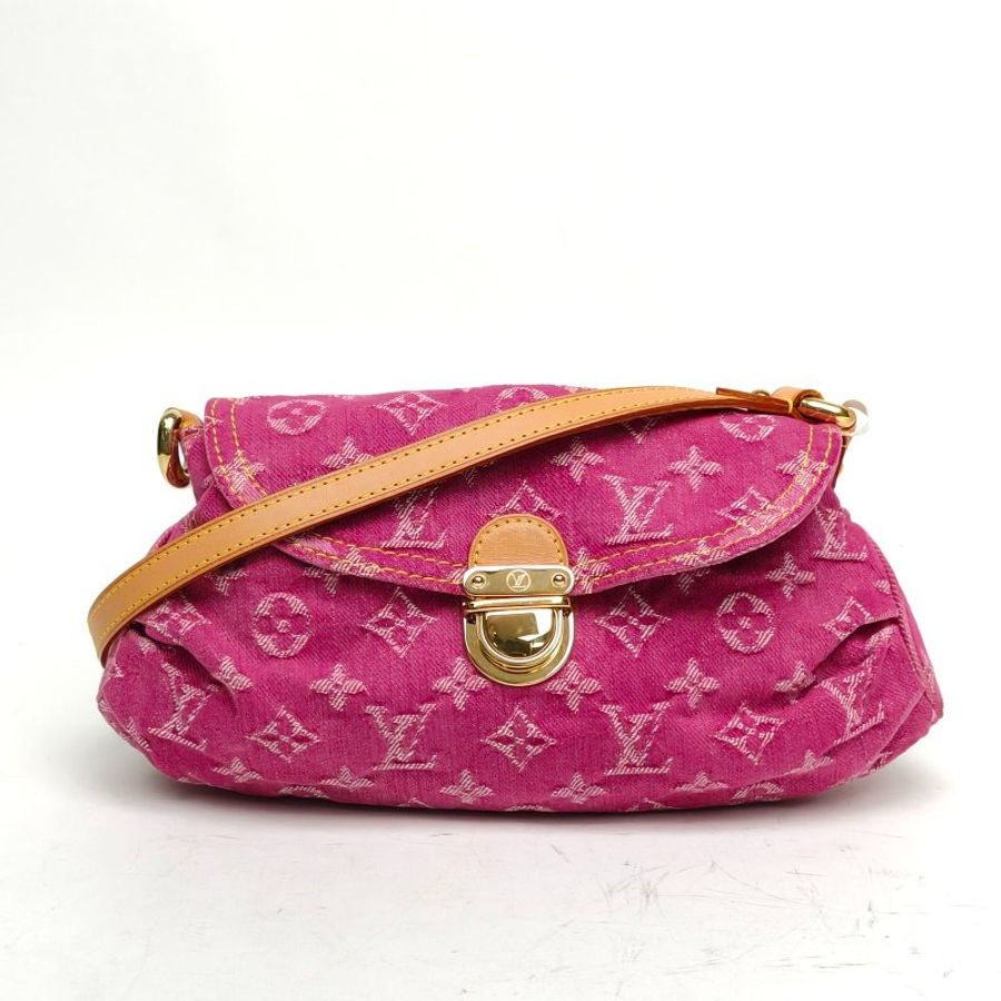 LOUIS VUITTON 紫紅色金扣2006中古丹寧牛仔腋下包元寶包肩背包-0