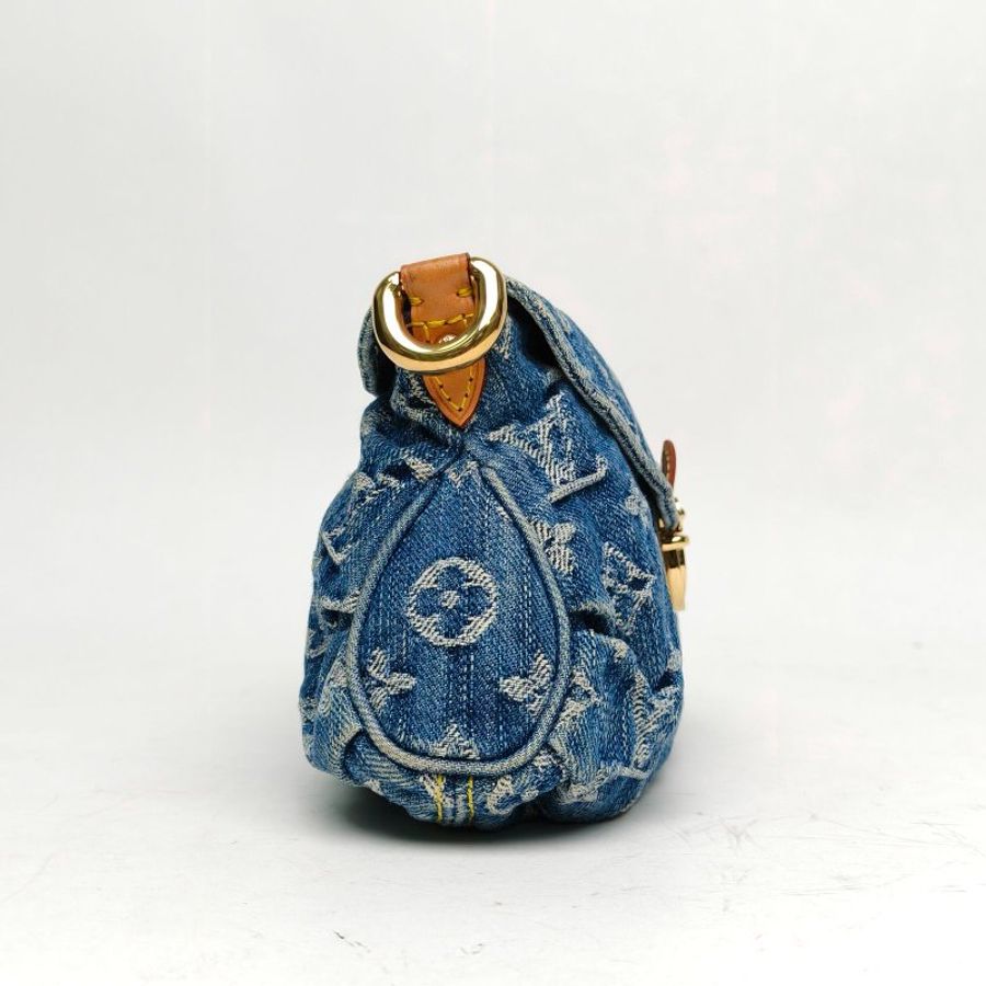 LOUIS VUITTON 中古丹寧牛仔腋下包牛仔藍金扣肩背包-3
