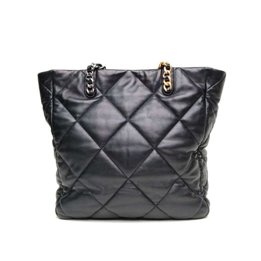 CHANEL 19BAGTote托特包黑色羊皮晶片皮穿鏈扣菱格紋肩背包-2