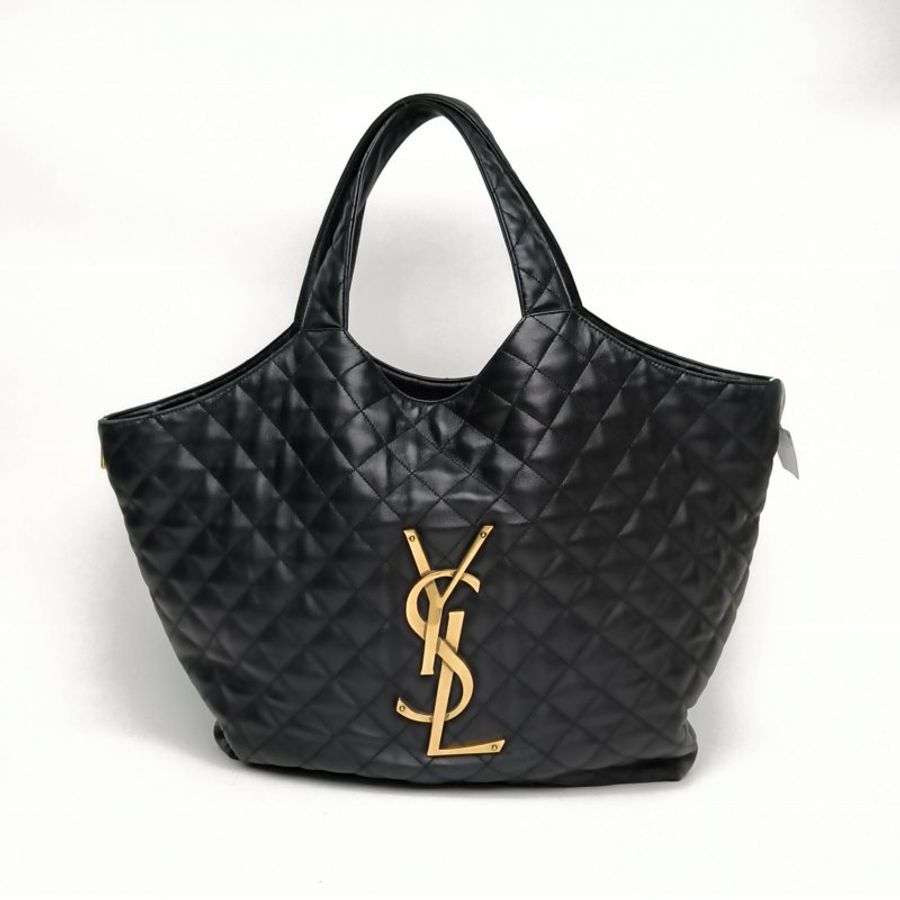 SAINT LAURENT ICARE加大號絎縫購物袋MAXI黑色羊皮金扣肩背包-0