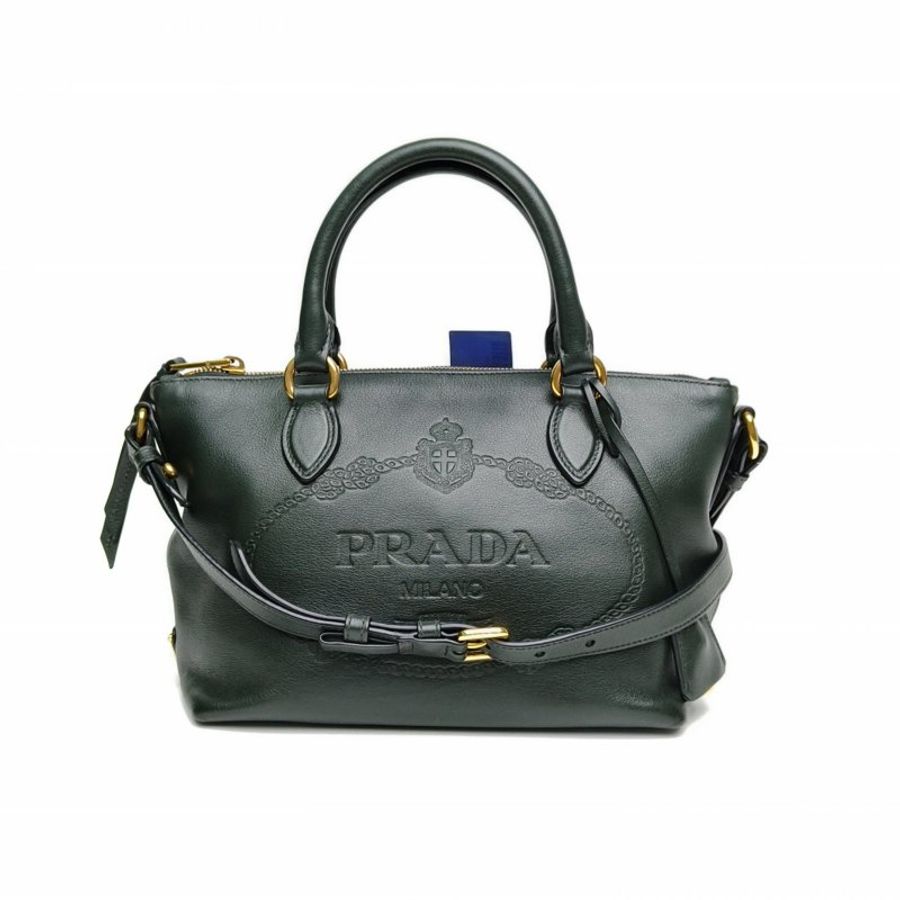 PRADA 軍綠色牛皮金扣浮雕logo餃子包手提包肩背包-0