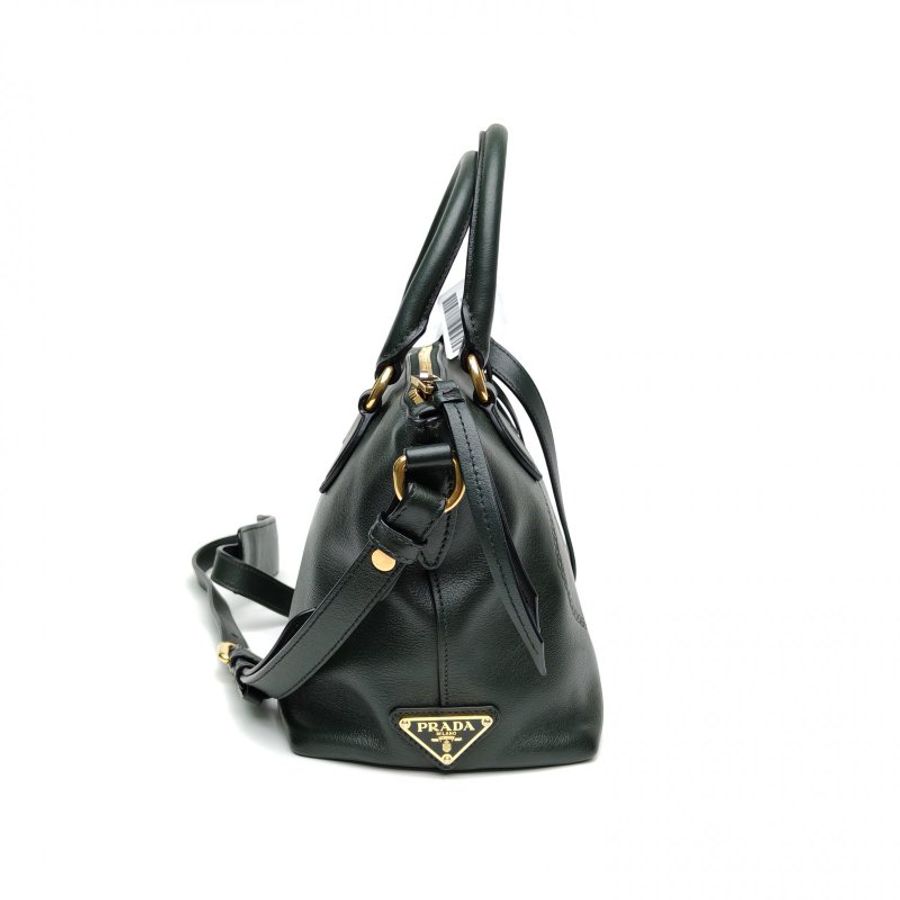 PRADA 軍綠色牛皮金扣浮雕logo餃子包手提包肩背包-3