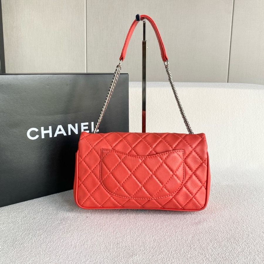 Chanel香奈兒CF單肩腋下包 橘紅色銀扣 羊皮-2