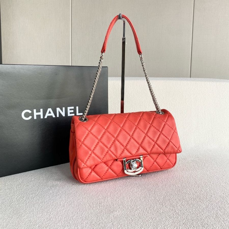 Chanel香奈兒CF單肩腋下包 橘紅色銀扣 羊皮-4