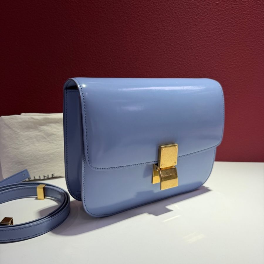 賽琳 Celine 金扣 霧霾藍光滑小牛皮斜挎包-1