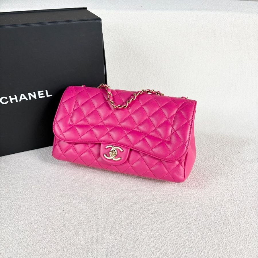Chanel香奈兒CF系列鏈條包玫紅色金扣 羊皮-3