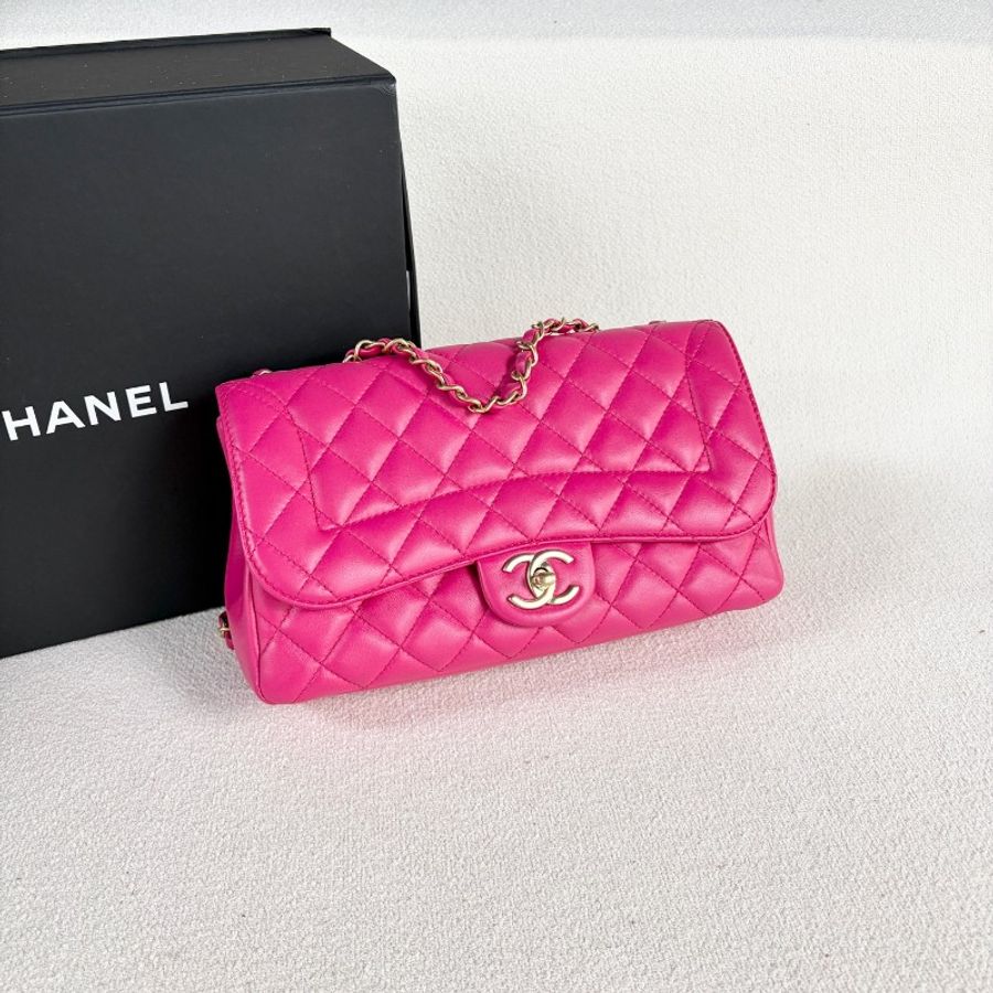 Chanel香奈兒CF系列鏈條包玫紅色金扣 羊皮-5
