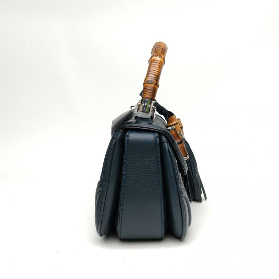 GUCCI 墨藍色銀扣淺金扣中古竹節流蘇手提斜挎包肩背包-3