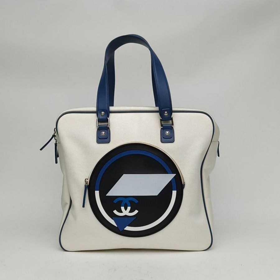 CHANEL 白色帆布22開銀扣小香手提包肩背包-0