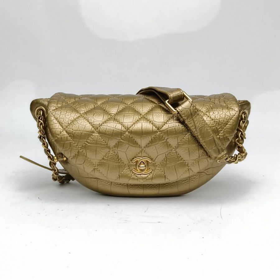 CHANEL 金色牛皮28開金扣鱷魚壓紋腰包肩背包-0