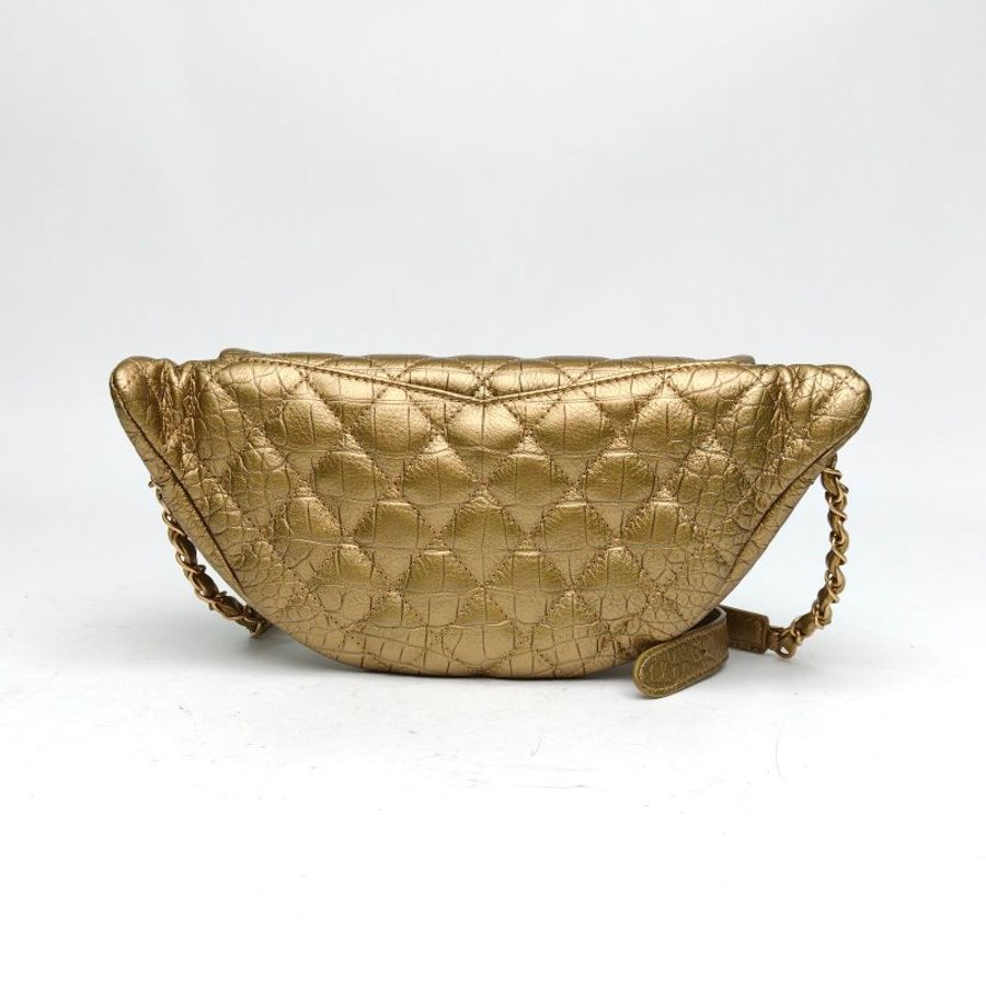 CHANEL 金色牛皮28開金扣鱷魚壓紋腰包肩背包-2