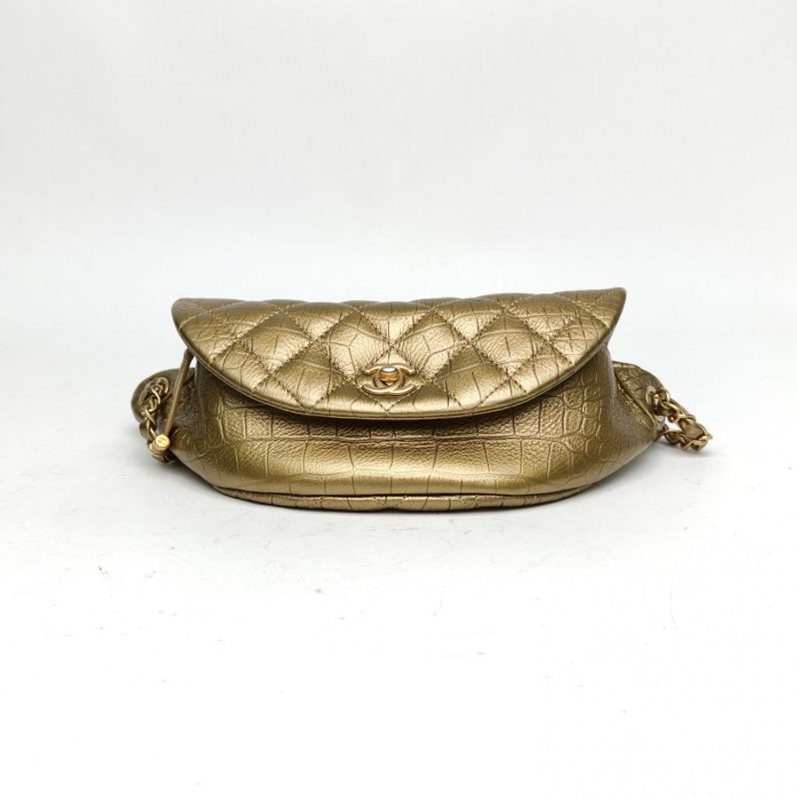 CHANEL 金色牛皮28開金扣鱷魚壓紋腰包肩背包-4