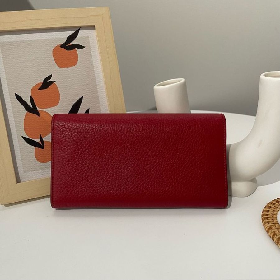 GUCCI 粒紋 牛皮 紅色 金色 大logo 12卡 釦式 信封 長夾 400586-1