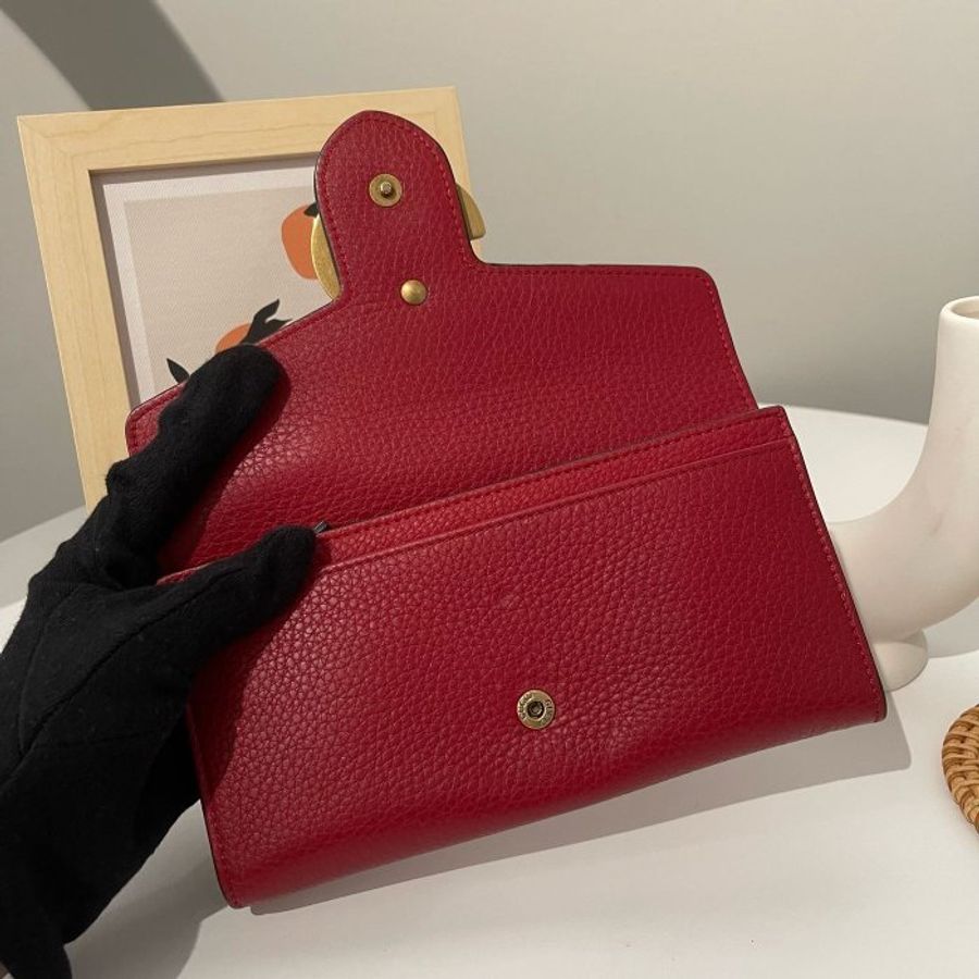 GUCCI 粒紋 牛皮 紅色 金色 大logo 12卡 釦式 信封 長夾 400586-2