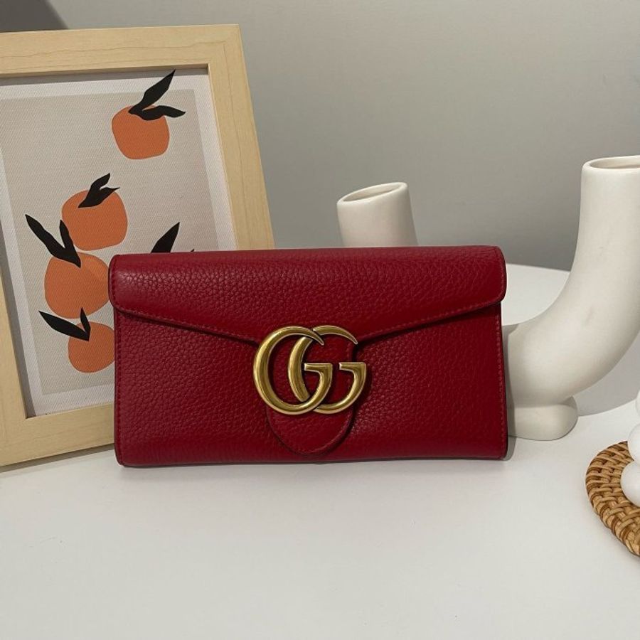 GUCCI 粒紋 牛皮 紅色 金色 大logo 12卡 釦式 信封 長夾 400586-4
