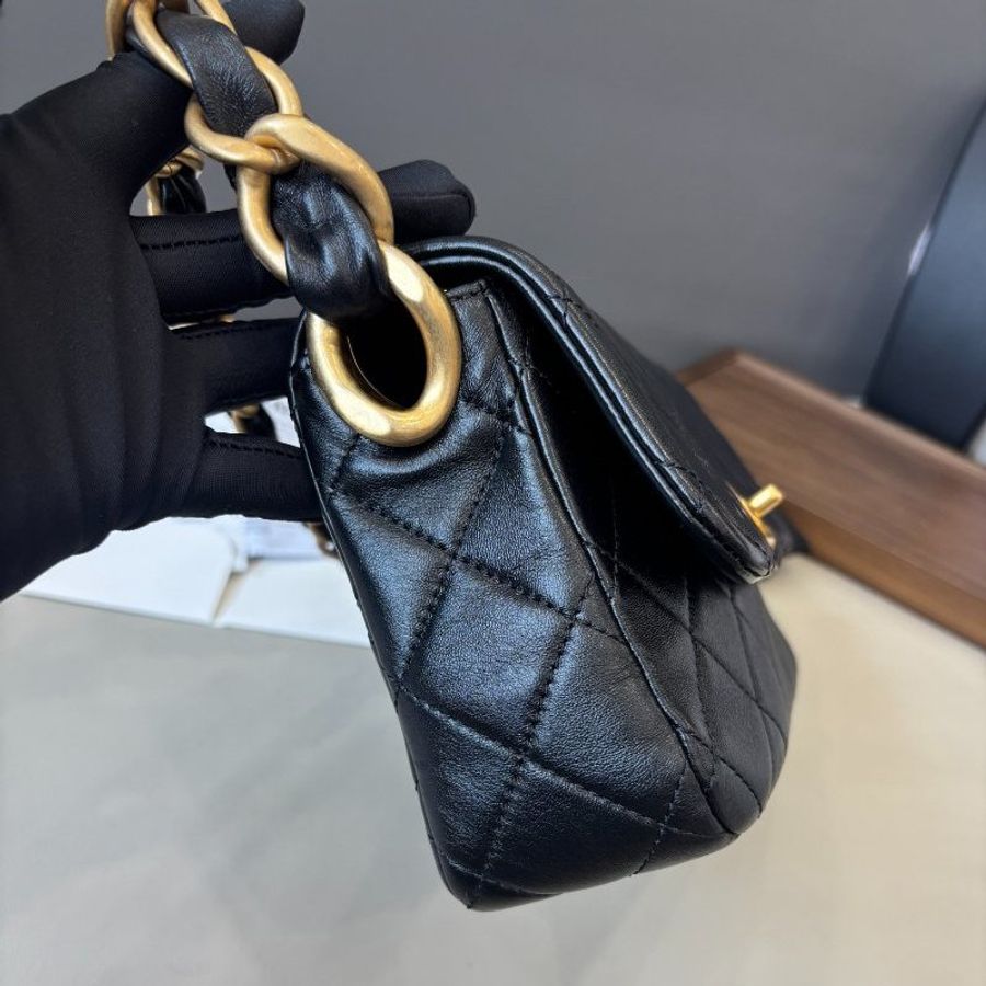 芯片款 香奈兒/Chanel 黑金粗鏈條腋下肩背包-2