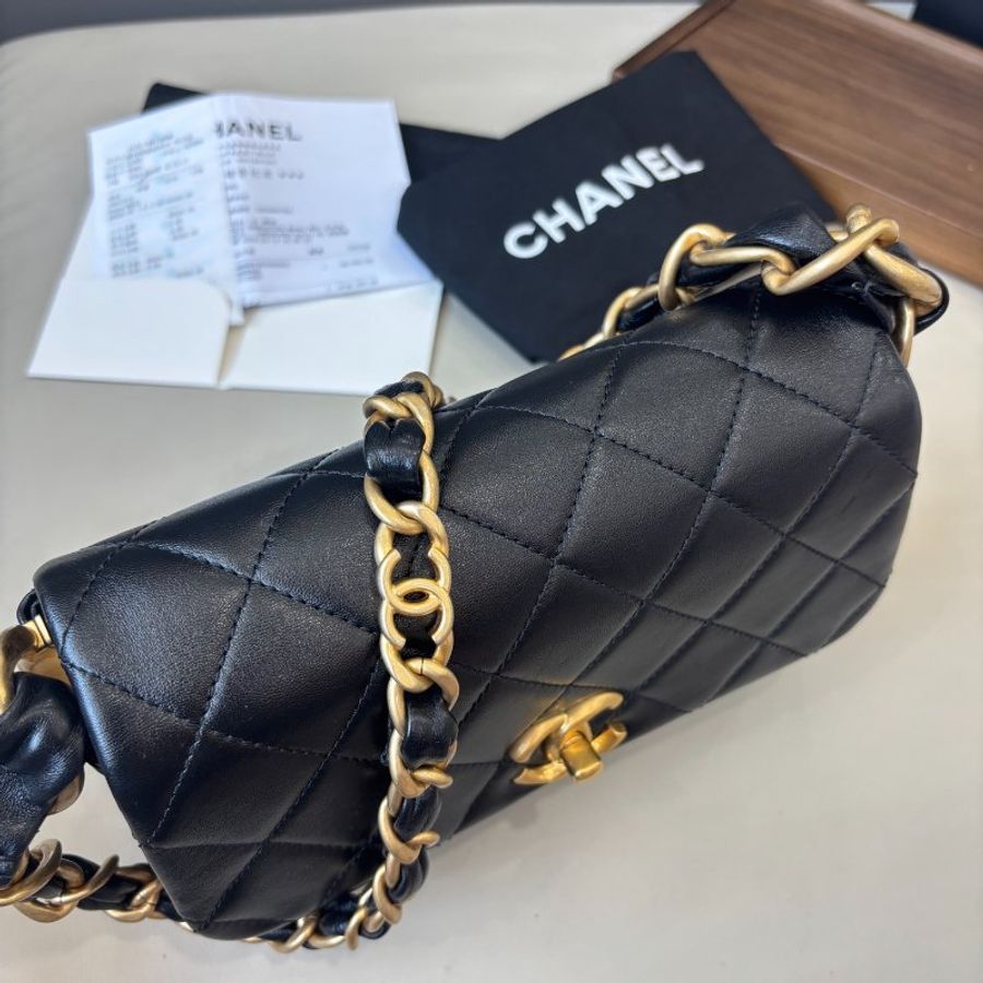芯片款 香奈兒/Chanel 黑金粗鏈條腋下肩背包-4