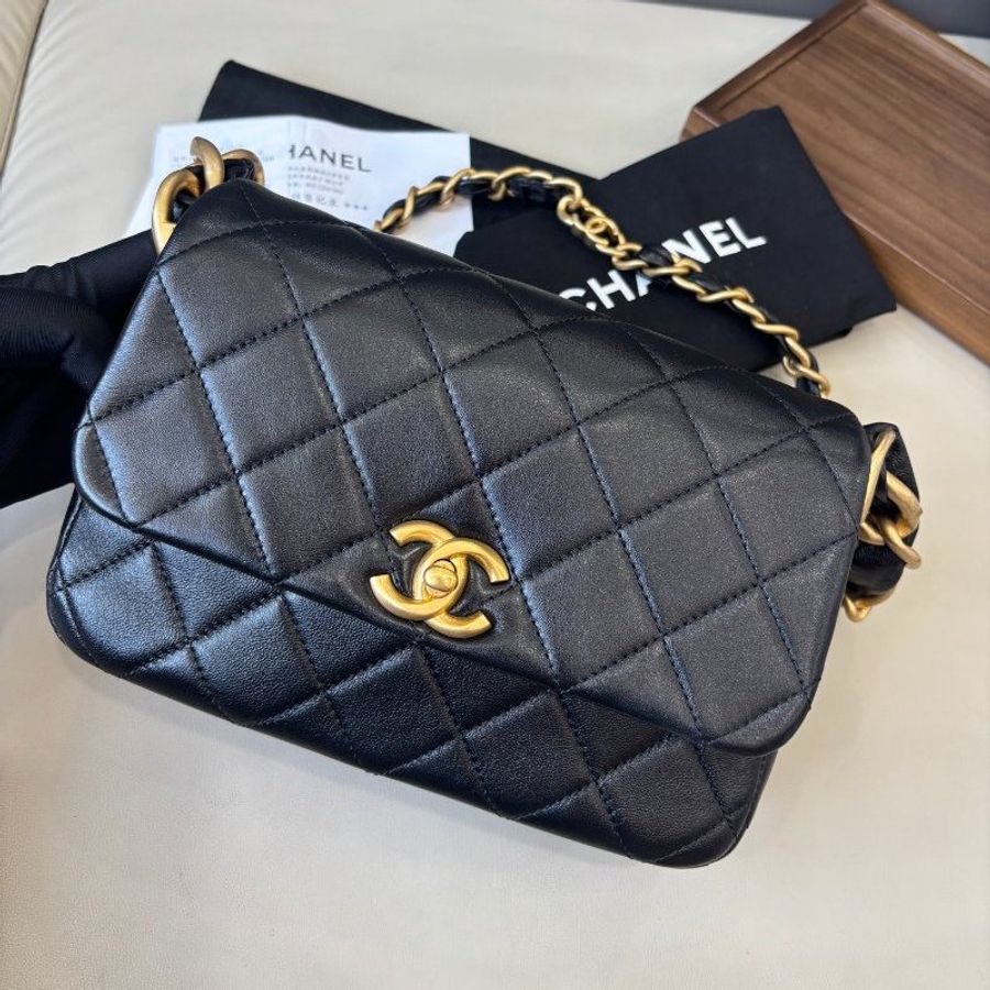 芯片款 香奈兒/Chanel 黑金粗鏈條腋下肩背包-6