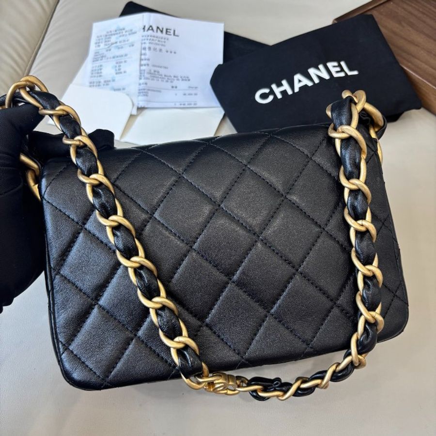 芯片款 香奈兒/Chanel 黑金粗鏈條腋下肩背包-7